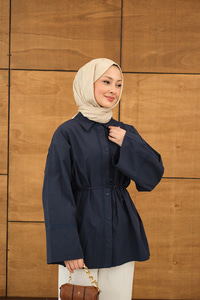 Dantel Detay Bel Bağlamalı Gömlek Lacivert