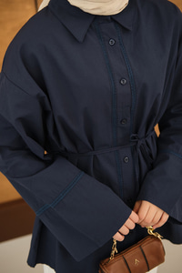 Dantel Detay Bel Bağlamalı Gömlek Lacivert