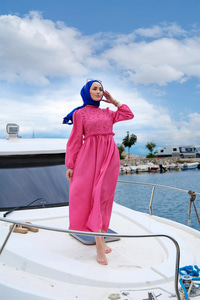 DANTEL DETAY BELI LASTIKLI ELBISE  FUSYA