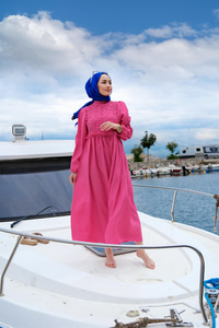 DANTEL DETAY BELI LASTIKLI ELBISE  FUSYA