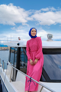 DANTEL DETAY BELI LASTIKLI ELBISE  FUSYA