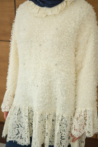 Dantel Detay Peluş Tunik Ekru