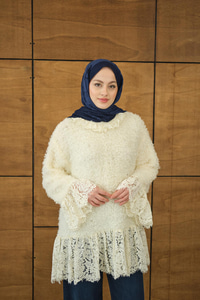 Dantel Detay Peluş Tunik Ekru