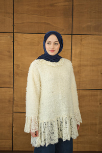 Dantel Detay Peluş Tunik Ekru