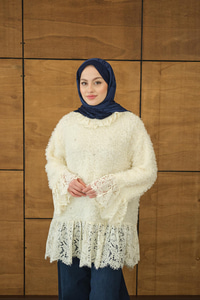 Dantel Detay Peluş Tunik Ekru