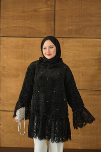Dantel Detay Peluş Tunik Siyah