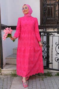 DANTEL DETAYLI ELBISE FUSYA