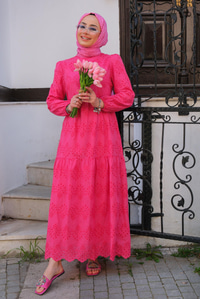 DANTEL DETAYLI ELBISE FUSYA