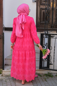 DANTEL DETAYLI ELBISE FUSYA