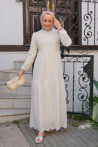 DANTEL DETAYLI ELBISE Krem