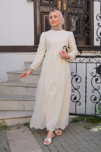 DANTEL DETAYLI ELBISE Krem