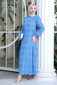 DANTEL DETAYLI ELBISE MAVI