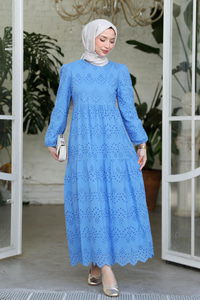 DANTEL DETAYLI ELBISE MAVI