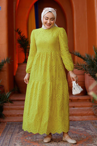 DANTEL DETAYLI ELBISE Yağ Yeşil