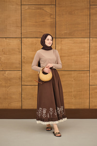 Dantel Ve Çiçek Nakışlı Etek Kahverengi