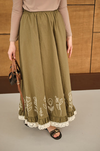 Dantel Ve Çiçek Nakışlı Etek Küf Yeşil