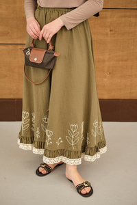 Dantel Ve Çiçek Nakışlı Etek Küf Yeşil