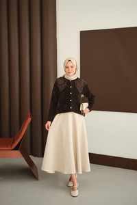 Dantel Yaka Püsküllü Hırka Kahverengi