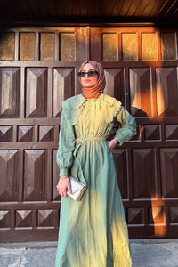 Dantelli Bebe Yaka Elbise Haki Yeşil