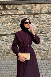 Dantelli Bebe Yaka Elbise Mürdüm