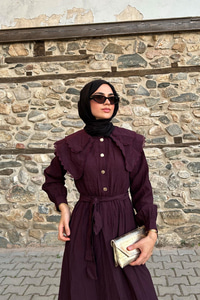 Dantelli Bebe Yaka Elbise Mürdüm