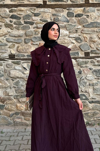 Dantelli Bebe Yaka Elbise Mürdüm