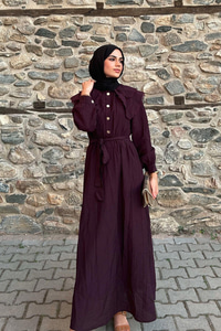 Dantelli Bebe Yaka Elbise Mürdüm