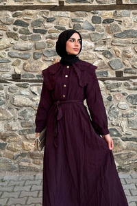 Dantelli Bebe Yaka Elbise Mürdüm