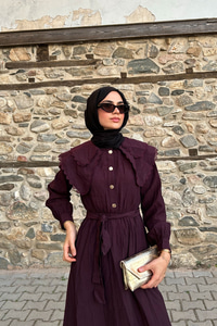 Dantelli Bebe Yaka Elbise Mürdüm