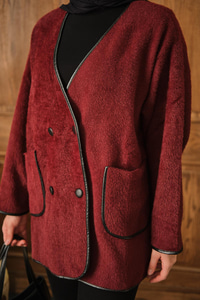 Deri Detay Peluş Hırka Bordo