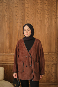 Deri Detay Peluş Hırka Kahverengi