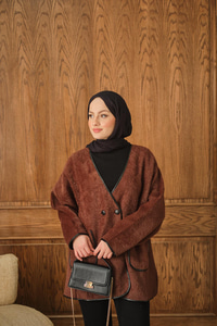 Deri Detay Peluş Hırka Kahverengi