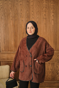 Deri Detay Peluş Hırka Kahverengi