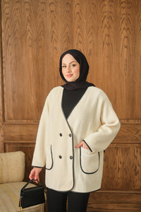 Deri Detay Peluş Hırka Krem