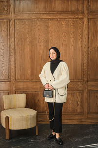 Deri Detay Peluş Hırka Krem