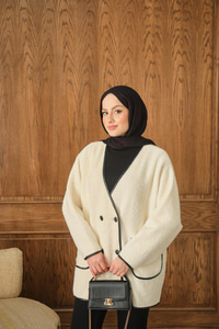 Deri Detay Peluş Hırka Krem