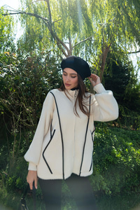 Deri Detay Triko Ceket Bej