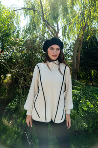 Deri Detay Triko Ceket Bej