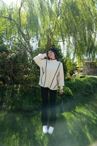 Deri Detay Triko Ceket Bej