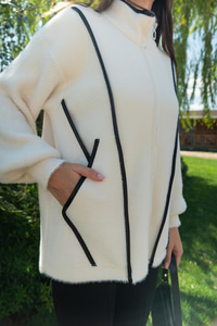 Deri Detay Triko Ceket Bej