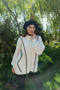 Deri Detay Triko Ceket Bej