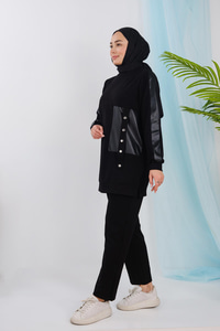 Deri Detaylı Takım Siyah