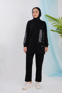 Deri Detaylı Takım Siyah