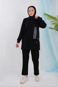 Deri Detaylı Takım Siyah