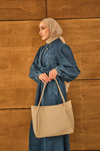 Deri Görünümlü Çanta Krem