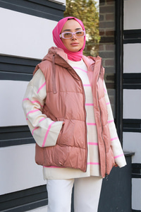 Deri Görünümlü Kapüşonlu Şişme Yelek Pudra