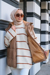 Deri Görünümlü Kapüşonlu Şişme Yelek Vizon