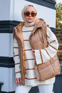 Deri Görünümlü Kapüşonlu Şişme Yelek Vizon