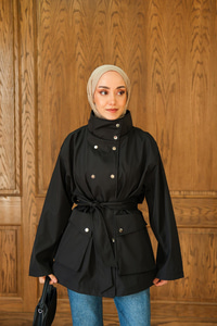 Deri Görünümlü Kısa Trenç Siyah