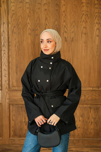 Deri Görünümlü Kısa Trenç Siyah